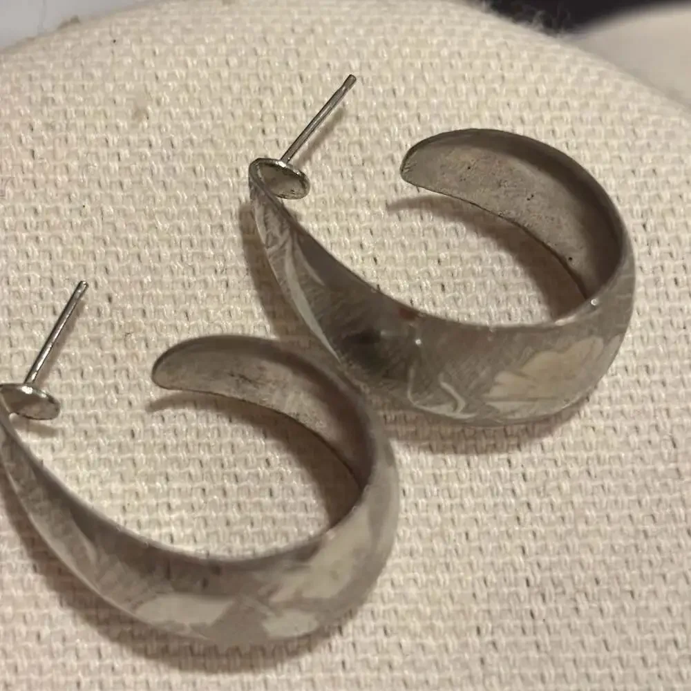 Vintage Textured Half-Circle Dome Pierced Hoop Earrings